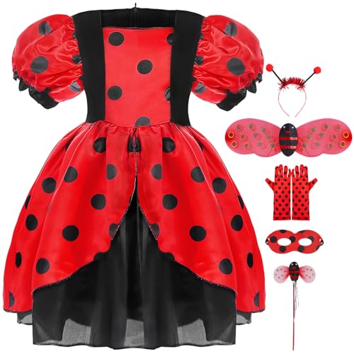 Marienkäfer Kostüm Kinder, Mädchen Marienkäfer Kleid, Marienkäfer Tupfen Kostüm Tierkleid Tutu Rock für Halloween Karneval Party Rollenspiel mit Zauberstab, Flügel von shengo