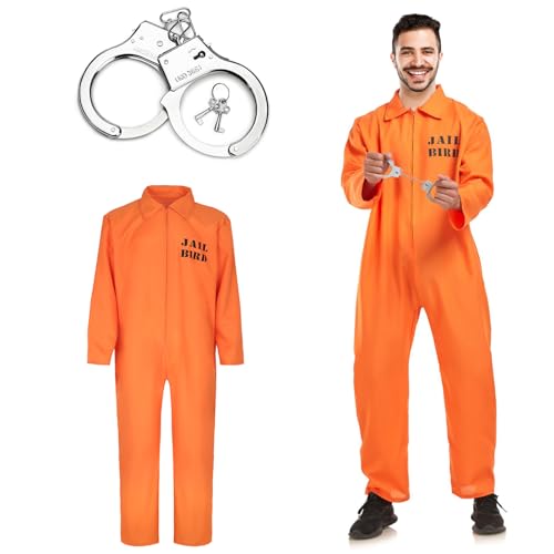 shengo Adult Orange Häftling Kostüm, Orangefarbener Sträflingsanzug Herrenkostüm mit Handschellen,Gefängniskostüm für Karneval Halloween Thema Party Dress Up (XXL) von shengo