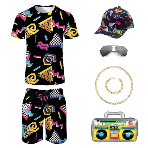 shengo 80er 90er Hip Hop Kostüm für Männer, 80er 90er Shell Suit Kostüm Hip-hop T-Shirts und Shorts Baseballkappe Goldkette Rapper Zubehör, Disco Karnevalskostüme (L) von shengo