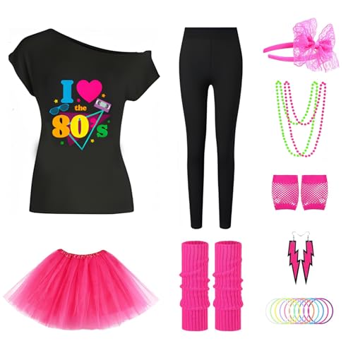 shengo 80er-Jahre-Kostüm für Damen, 80er-Jahre-Kostüm, 80er-Jahre-Kostüm, Tutu-Rock, Beinstulpen, Halskette, Netzhandschuhe, Ohrringe, Neon-Zubehör, 1980er-Jahre-Party-Kostüm für Retro-Mottoparty von shengo