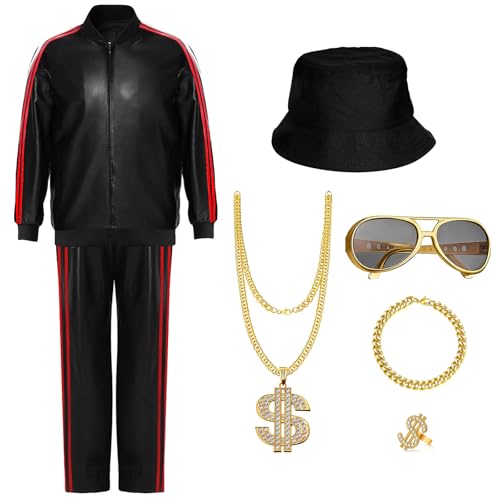 shengo 80s 90s Hip Hop Outfit für Erwachsene, 90s Rapper Fancy Dress Kostüm mit Goldkette Armband Ring Fischerhut Sonnenbrille, 90s Disco Kostüm für Karneval Halloween Hip Hop Fancy Dress Party von shengo