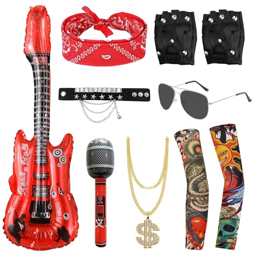 shengo 9Pcs Punk Rocker Party Kit, Punk Rockstar Fancy Dress Gothic Rocker Kostüm Set, Retro Sonnenbrille Handschuhe Bandana Ärmel Armband Aufblasbare Gitarre 80S 90S Heavy Metal Disco Zubehör von shengo