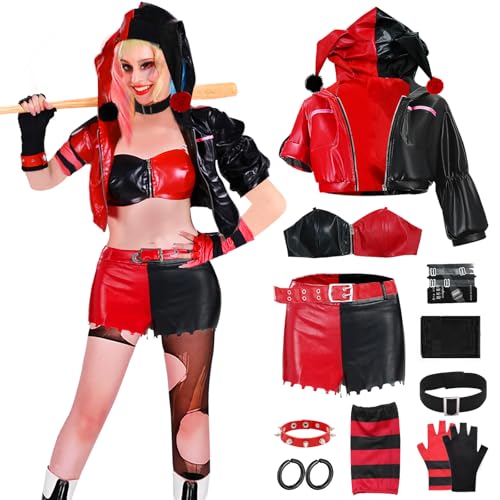 shengo Anime-Charakter, Cosplay-Kostüm, Outfit, Joker-Mädchen, Rollenpaly-Uniform, komplettes Set, Halloween, Karneval, Party, Anzug mit Perücke, Ohrringen für Damen und Mädchen (schwarz und rot, XL) von shengo