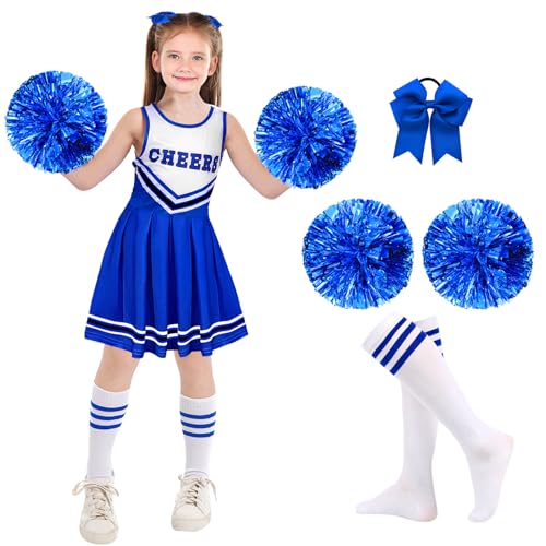 shengo Cheerleader Kostüm Kinder Cheerleader Kleid, Mädchen Cheerleader Kostüm mit Cheerleader Pompons, Damen High School Cheerleader Kostüm für Karneval Halloween Kostüm Party (Blue, 7-8Y) von shengo