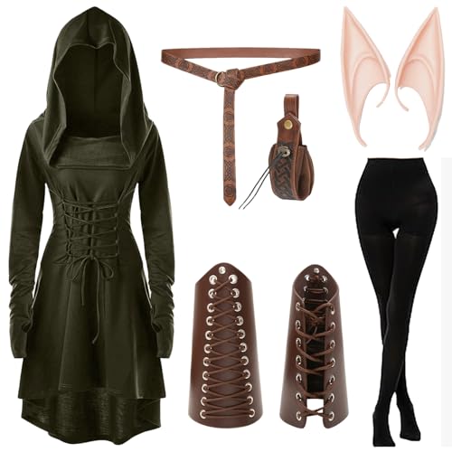 shengo Damen Mittelalterlich Kapuzenkleid Set, Gothic Clothing Renaissance Kleid mit Kapuze Lange Seeve, Armee Grün Gothic Elfen Damen für Halloween Karneval Cosplay shengo Damen Mittelalterlich Kapuzenkleid Set, Gothic Clothing Renaissance Kleid mit Kapuze Lange Seeve, Armee Grün Gothic Elfen Damen für Halloween Karneval Cosplay von shengo