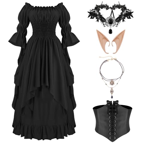 shengo Damen Renaissance Kleid, Mittelalterliches Kleid mit Trompetenärmeln Damen Kostüm Satin Hohe Taille Renaissance Cosplay Kostüm Karneval Party Halloween Kostüm, Weiß/Schwarz von shengo