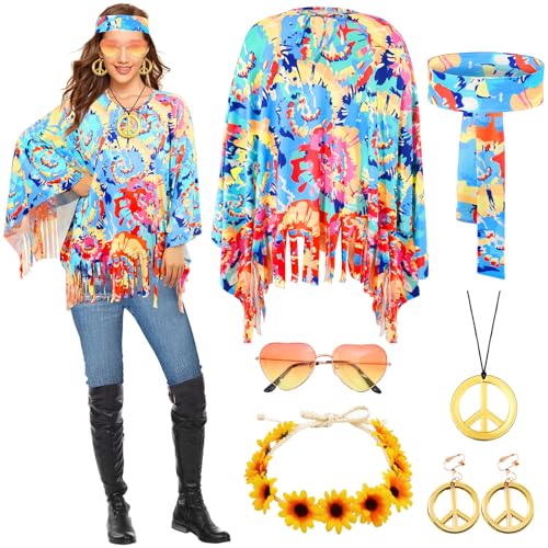 shengo Hippie Kostüm Damen Set mit Hippie Poncho Damen und Zubehör Karneval Faschingskostüme Damen Hippie Kleidung Damen Boho von shengo