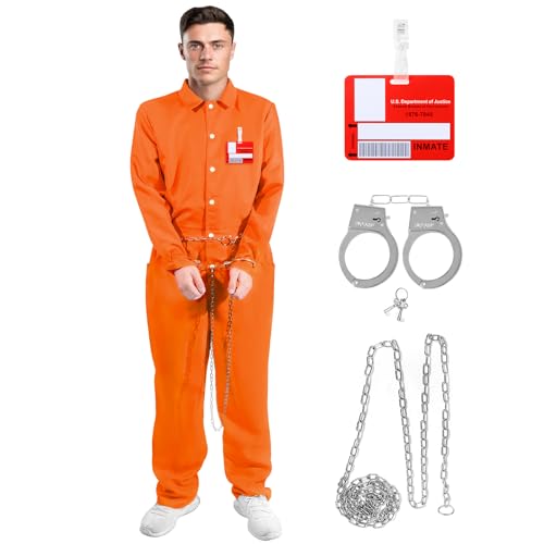 shengo Orangefarbener Gefängnis-Overall für Erwachsene, Orange Sträflingskostüm Herren Orange Sträflingsanzug Kostüm mit Handschellen, Gefängnis Outfit für Halloween Karneval Thema Party Dress Up von shengo