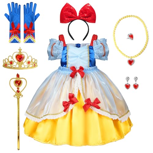 shengo Schnee Kostüm für Mädchen, Schneewittchen Prinzessin Fancy Dress mit Krone Zauberstab Halskette Set, Kinder Deluxe Kleid für Geburtstag Party Brautjungfer Pageant Karneval Cosplay 2-7 Jahre von shengo