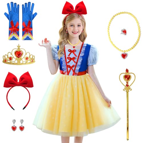 shengo Schneewittchen Kostüm für Mädchen, Schnee Prinzessin Fancy Dress mit Krone Zauberstab Halskette Set, Kinder Deluxe Kleid für Geburtstag Party Brautjungfer Pageant Karneval Cosplay (120cm) von shengo