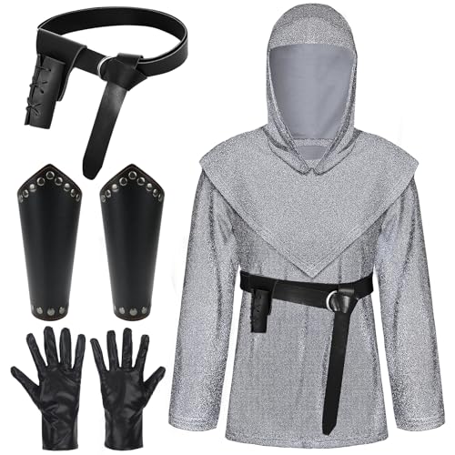 shengo Mittelalterliche Kostüme Herren Mittelalterliche Ritter Kutte Kreuzritter Kostüm Outfit Renaissance Faux Chain Mail Rüstung Tunika Shirt Coif (Sliver, 2XL) von shengo