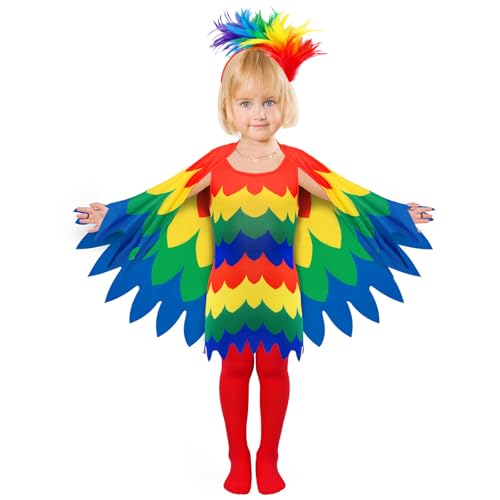 shengo Papagei Kostüm Kleid, Buntes Papagei Fee Kostüm für Mädchen, Vogelkleid Tierkostüm für Karneval Halloween Party Tukan Verkleidung Fancy Dress (5-6Y) von shengo