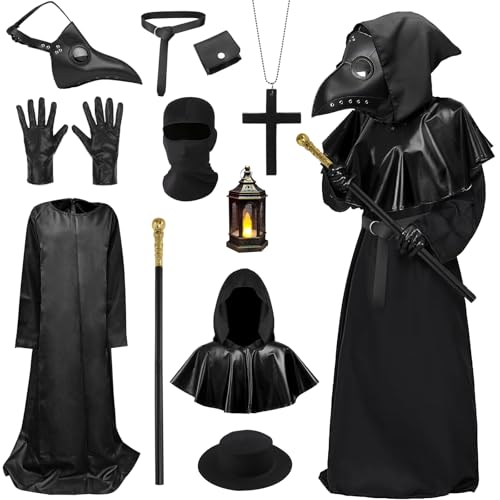 shengo Pest-Doktor-Kostüm, Halloween-Maske, Horror, Halloween-Outfits, Verkleidungsset mit Robe-Handschuhen, Vogelschnabelmaske, Doktor für Männer und Frauen von shengo