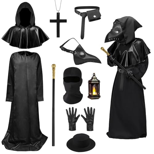 shengo Pest Arzt Kostüm, Halloween Pest Arzt Maske Horror Halloween Outfits Dress Up Set mit Robe Handschuhe, Vogelschnabel Maske Arzt Stafft für Männer Frauen von shengo