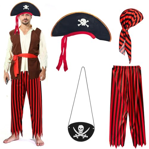 shengo Erwachsener Pirat Kostüm Männer Piraten Zubehör Set mit Piratenhosen Piratenhut Totenkopf Augenklappe für Halloween Karneval Piraten Thema Party Rollenspiel Verkleiden von shengo