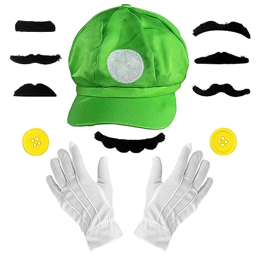 shengo Super Mario Bros Cosplay Kostüm Zubehör, Mario und Luigi Rot Grün Hüte Schnurrbärte Handschuhe Knöpfe, Brüder Kostüm Hut Mütze für Verkleidung Karneval Halloween Weihnachten Rollenspiel von shengo