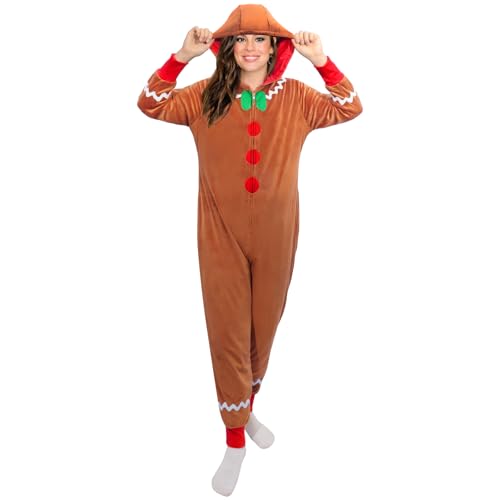 shengo Unisex Lebkuchenmann-Kostüm für Erwachsene, Weihnachtseinteiler, Pyjama, Paar, Weihnachtskostüm (Braun, Größe 2XL) von shengo