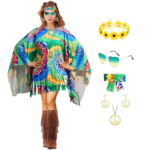 Damen Hippie Kostüm, 60S 70S Hippie Kostüm Tie Dye Poncho Peace Sign Halskette Ohrringe Blume Stirnband Retro Sonnenbrille, Mädchen Boho Hippie Kostüm für Karneval Disco Party Cosplay von shengo