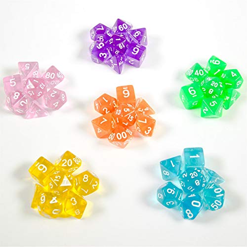 shibby 42 polyedrische Würfel 6 transparenten Farben & Beutel - Rollen-Spiele Dungeons & Dragons D&D, rosa/lila/grün/orange/gelb/blau von shibby