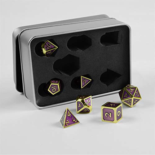 shibby 7 polyedrische Metall-Würfel für Rollen- und Tabletopspiele in Steampunk Gold-Lila-Optik inkl. Aufbewahrungsbox von shibby