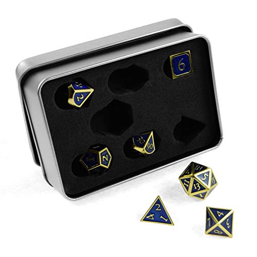 shibby 7 polyedrische Metall-Würfel für Rollen- und Tabletopspiele in Steampunk Gold-blau-Optik inkl. Aufbewahrungsbox von shibby