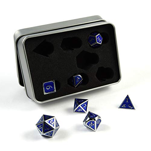 shibby 7 polyedrische Metall-Würfel für Rollen- und Tabletopspiele in Steampunk Silber/Blau-Optik inkl. Aufbewahrungsbox von shibby