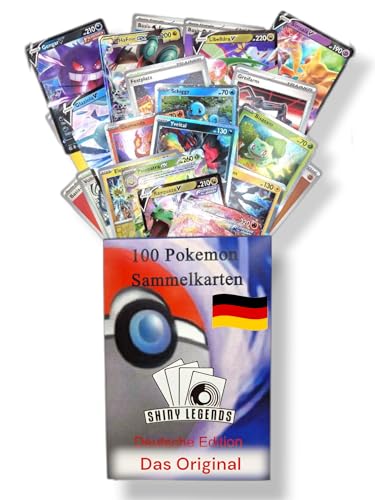 100 Pokemon Karten original/Deutsche Sammelkarten 100 Stück | 9X Holo +V/VMAX/EX UVM, Deutsche Pokémon Set/Edition incl. Sammelbox von shiny legends