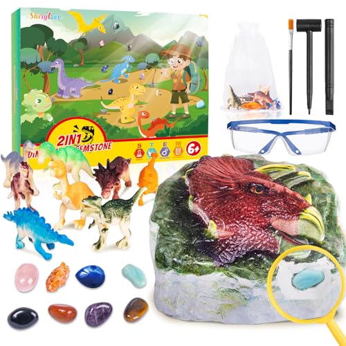 Shirylzee Ausgrabungsset für Kinder, 2IN1 Dinosaur & Edelsteine Ausgraben Set mit 8 Mineralien Steine & 6 Dinosaurier Figuren, Dino Spielzeug Geschenk Kinderspielzeug ab 6 7 8 9 10 Jahre von shirylzee