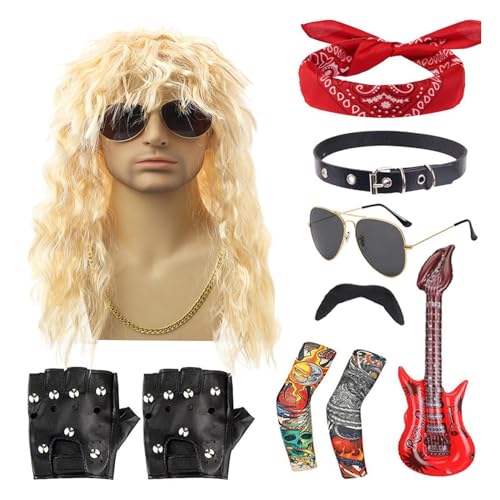 shizuku 80er-Rocker-Kostüme für Herren,80er-Rocker-Kostüm, 10-teiliges Rocker-Kostümset aus Metall, Komplettes Punk-Party-Zubehör, inklusive Perücke, Stirnband, Kragen, Sonnenbrille, Handschuhen von shizuku