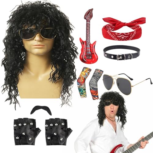 shizuku Rocker-Kostüm-Set, 80er-Jahre-Rocker-Kostüme für Herren - 10 Stück Rocker-Perücke mit Bandana-Sonnenbrille,Kostümzubehör für Männer, einschließlich Perücke, Stirnband, Kragen, Sonnenbrille von shizuku