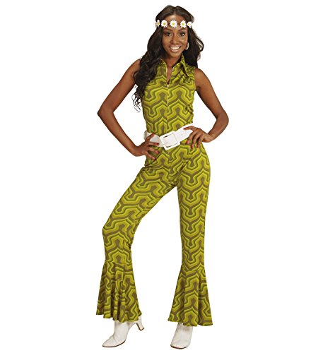 70er Jahre Retro Jumpsuit mit Tapetenmuster Grün Disco Damen Kostüm Overall Siebziger Schlager 70's, Größe:L von shoperama