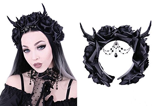 Gothic Hirsch Kopfschmuck Deer Reh Harrreif - schwarze Blumen, Ketten und Geweih von shoperama