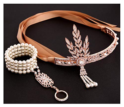 shoperama 20`s Kostüm-Zubehör Set Daisy Kopfschmuck Armband Ring Strass Perlen 20er Flapper Charleston, Farbe:Champagner/Roségold von shoperama