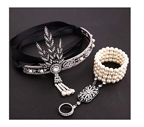 shoperama 20`s Kostüm-Zubehör Set Daisy Kopfschmuck Armband Ring Strass Perlen 20er Flapper Charleston, Farbe:Schwarz/Silber von shoperama