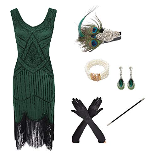 shoperama 20er Jahre Charleston Flapper Damen-Kostüm Grün Pailletten-Kleid mit Fransen und 5-tlg. Pfau Zubehör-Set, Größe:M von shoperama