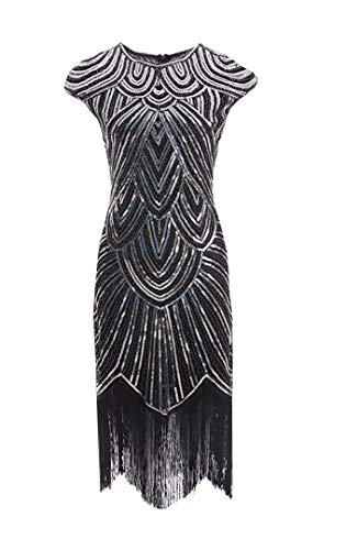 shoperama 20er Jahre Charleston Kleid Pailletten Fransen Flapper Gatsby 20's Fransenkleid Damen-Kostüm, Größe:L, Farbe:Schwarz/Silber von shoperama