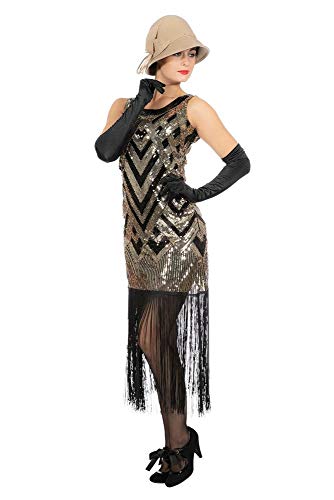 shoperama 20er Jahre Kleid Charleston Flapper Pailletten Fransen Gold-Schwarz Damen Kostüm Fransenkleid 20's Gatsby Girl, Größe:L/XL von shoperama