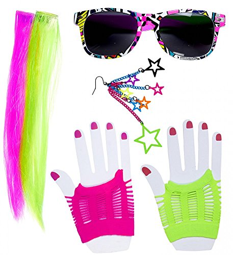 shoperama 80's Neon Girl Kostüm-Zubehör Set 80er Jahre Madonna Disco Pop Achtziger Damen Brille Handschuhe Extensions Ohrring von shoperama