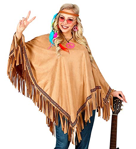 shoperama Hellbrauner Unisex Fransen-Poncho in Wildleder-Optik für Hippie Indianerin Goucho von shoperama