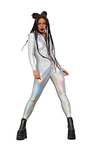 shoperama Irisierender Silber Metallic Catsuit Space Girl Disco Astronautin 80er 90er Rave Festival Bodysuit Overall, Größe:M von shoperama