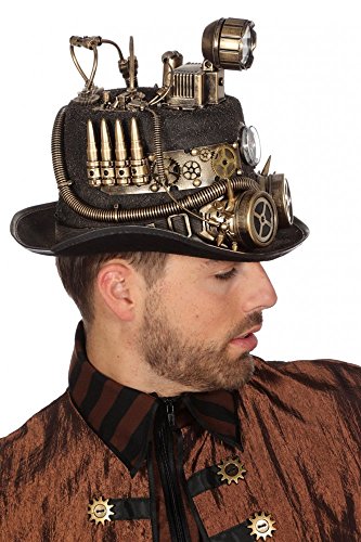 shoperama Schwarzer Steampunk Zylinder mit Bronze-Verzierungen und Goggles Gr. 59 Herren Hut Zahnräder Patronen, Variante:Grubenlampe von shoperama