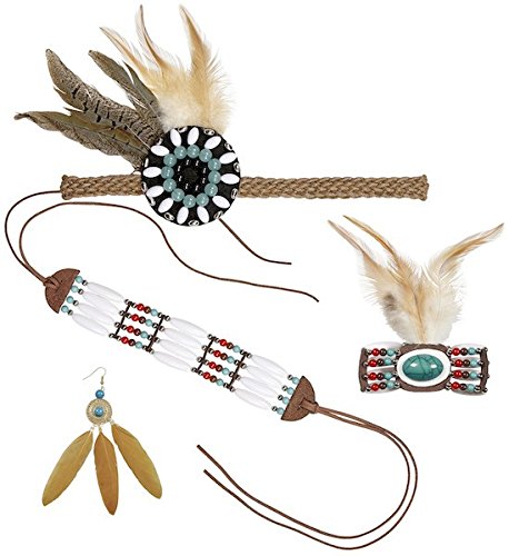 shoperama Stirnband, Armband, Ohrringe, Halsschmuck mit Federn und Perlen für Indianerin-Kostüm, Namen:Version 1 von shoperama