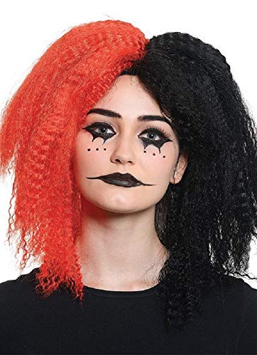 shoperama Voluminöse gekreppte Damen Perücke zweifarbig Rot/Schwarz Harlekin Clown Horror Halloween Crazy Girl Wig von shoperama