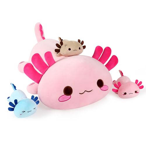 Shownicer Plüschtier Axolotl Kuscheltier Stofftier Kawaii Plüsch, Mama & 3 Babys Plüschkissen Spielzeug, Kissen Puppe, Wurfkissen Schmusetier Geschenk für Kinder Mädchen Jungen von shownicer