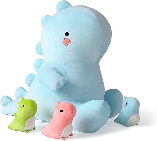 shownicer Plüschtier Dinosaurier Mama mit 3 Dino Stofftier Kawaii Plüsch, Dino Kuscheltier Plüschkissen Spielzeug, Wurfkissen, Schmusetier Geschenk Gefüllt für Kinder Mädchen Jungen von shownicer