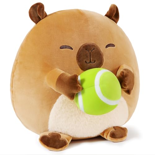 shownicer Plüschtier Capybara Kuscheltier Mit Tennis Stofftier Kawaii Capybara Plüsch Kissen Spielzeug Wurfkissen Geschenk für Kinder Jungen 3+ Jahre (Capybara & Tennis, 35cm) von shownicer