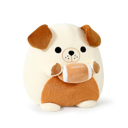 shownicer Plüschtier Hund Kuscheltier Mit Rugby Stofftier Kawaii Hund Plüsch Kissen Spielzeug Hund Wurfkissen Geschenk für Kinder Jungen 12+ Jahre (Weiß&Braun, 30cm) von shownicer