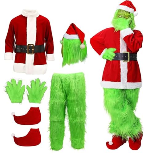 shyhand Erwachsenen-Weihnachtskostüm für Herren, Weihnachtsmann-Kostüm, Weihnachtsmann-Anzug, pelzig, grün, Weihnachts-Cosplay-Kostüm, Cosplay-Outfit, Grün , L von shyhand