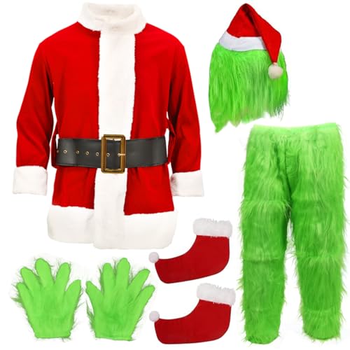 shyhand Erwachsenen-Weihnachtskostüm für Herren, Weihnachtsmann-Kostüm, Weihnachtsmann-Anzug, pelzig, grün, Weihnachts-Cosplay-Kostüm, Cosplay-Outfit, Grün , XL von shyhand