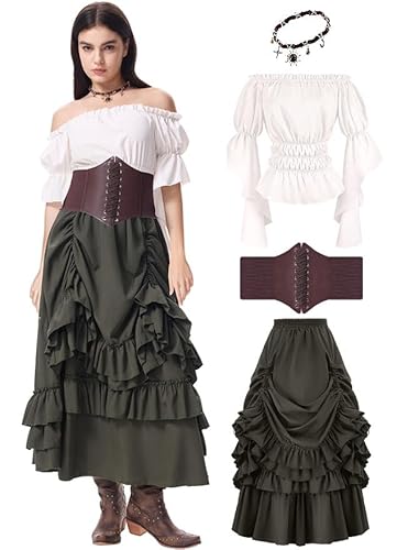 shyhand Renaissance-Kostüm für Damen, mittelalterliches Renfee-Piraten-Shirt-Rock mit Korsett-Taillengürtel, Halloween, Cosplay-Kostüm shyhand Renaissance-Kostüm für Damen, mittelalterliches Renfee-Piraten-Shirt-Rock mit Korsett-Taillengürtel, Halloween, Cosplay-Kostüm von shyhand